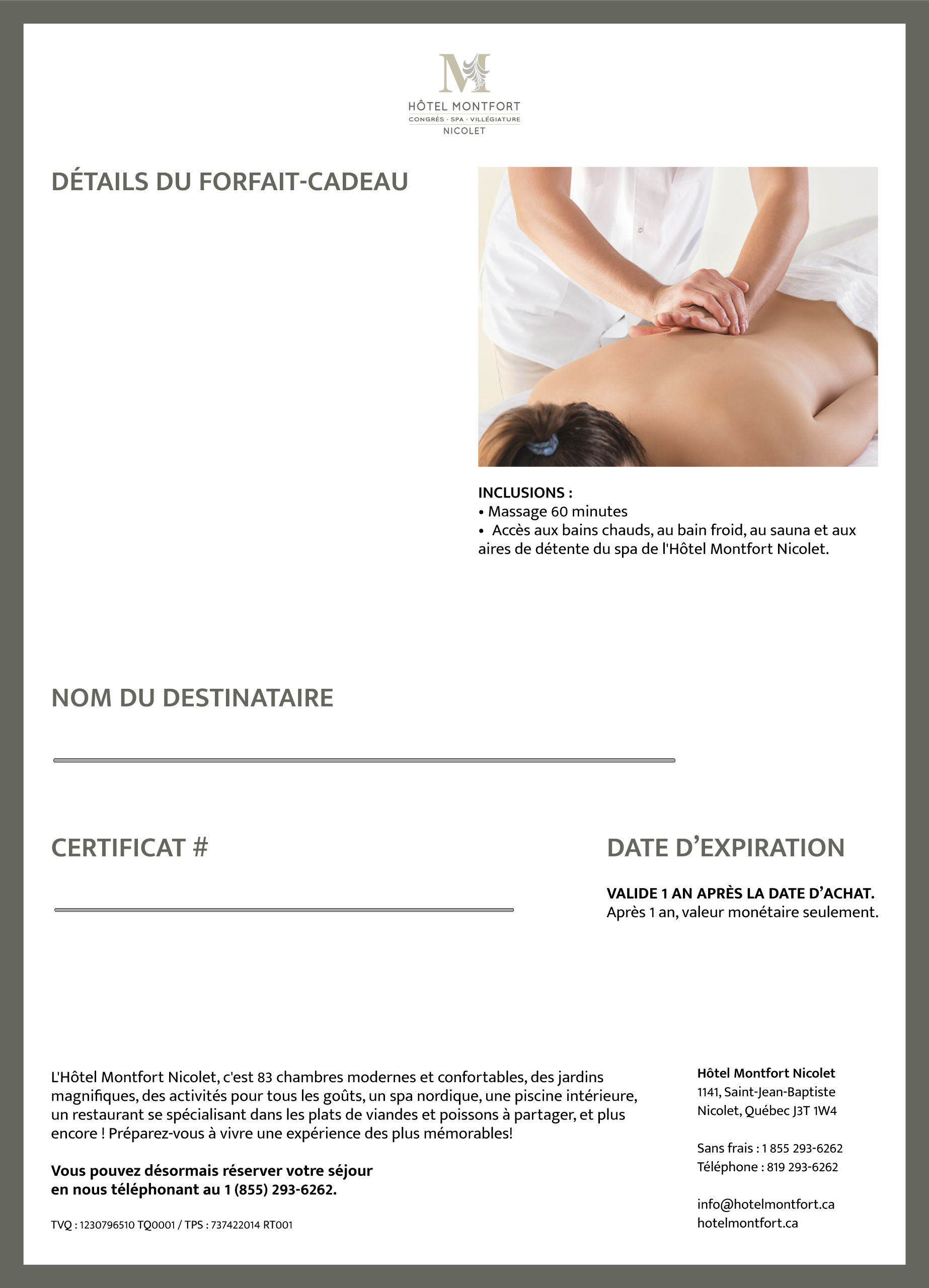 90-minute relaxation massage - Hôtel Montfort Nicolet, Centre-du-Québec